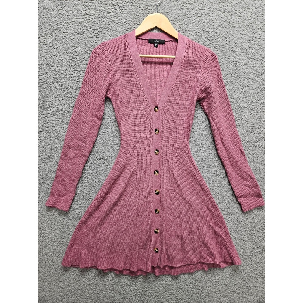 Lulus Cardigan Dress Small Mauve Pink Ribbed Knit Fit and Flare Button Front